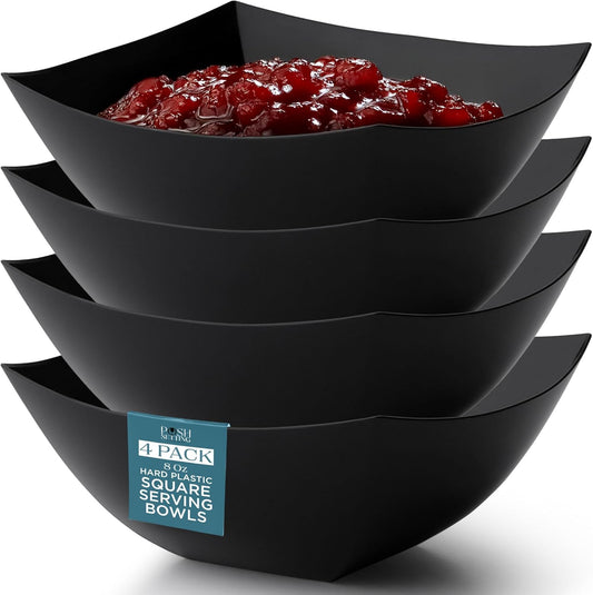 Posh Setting - Black Plastic Serving Bowls for Party (8oz - 4 Pack) Square Bowls, Disposable Chip Bowls, Candy Bowls for Party Table, Salad & Fruit Bowls for Party, Candy Containers for Candy Buffet
