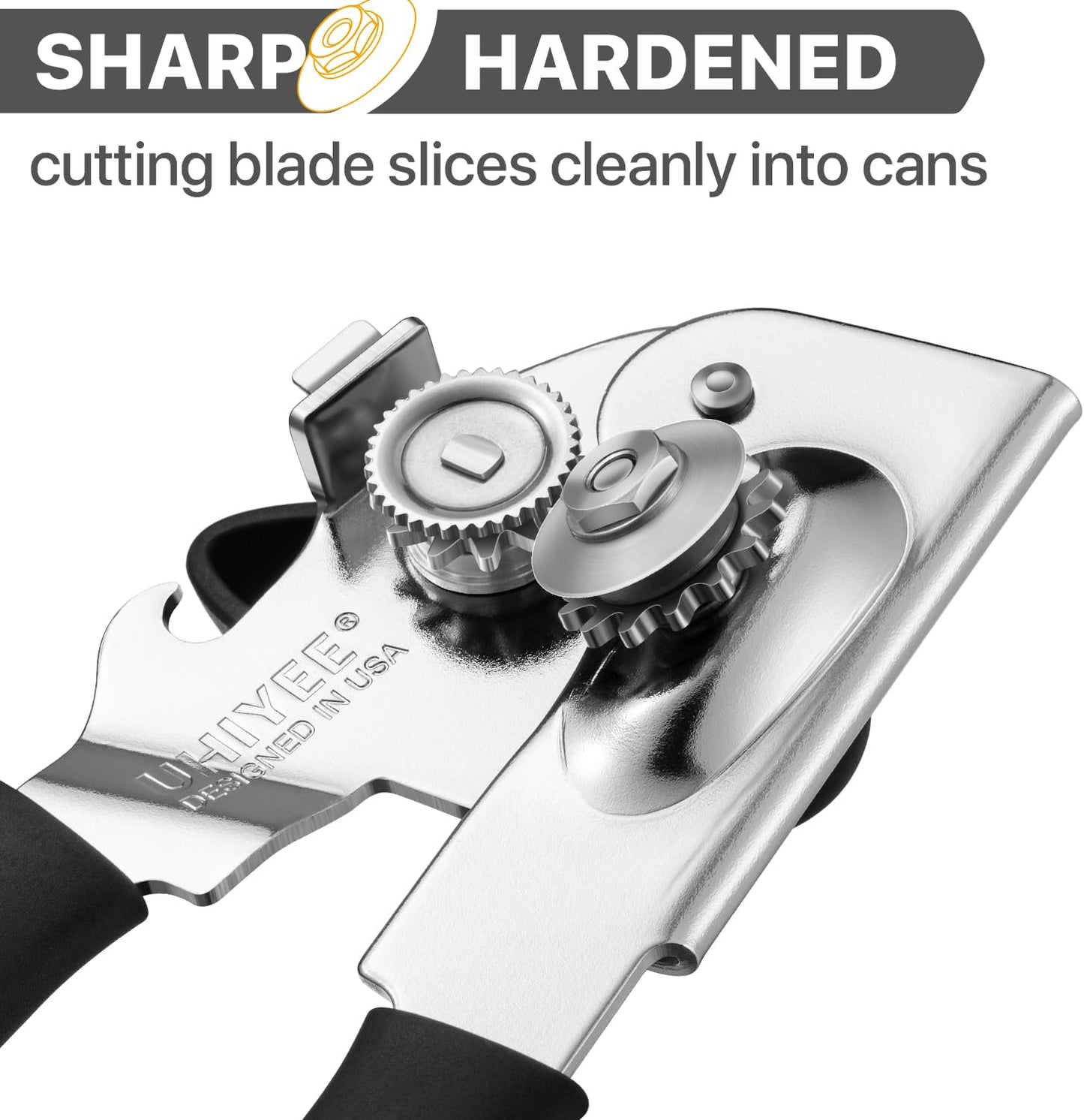 Can Opener Manual Heavy Duty, UHIYEE Hand Held Can Openers for Seniors with Comfort Grip Sharp Blade, Solid Steel Hand Manual Can Open with Magnet for Kitchen Camping, Black