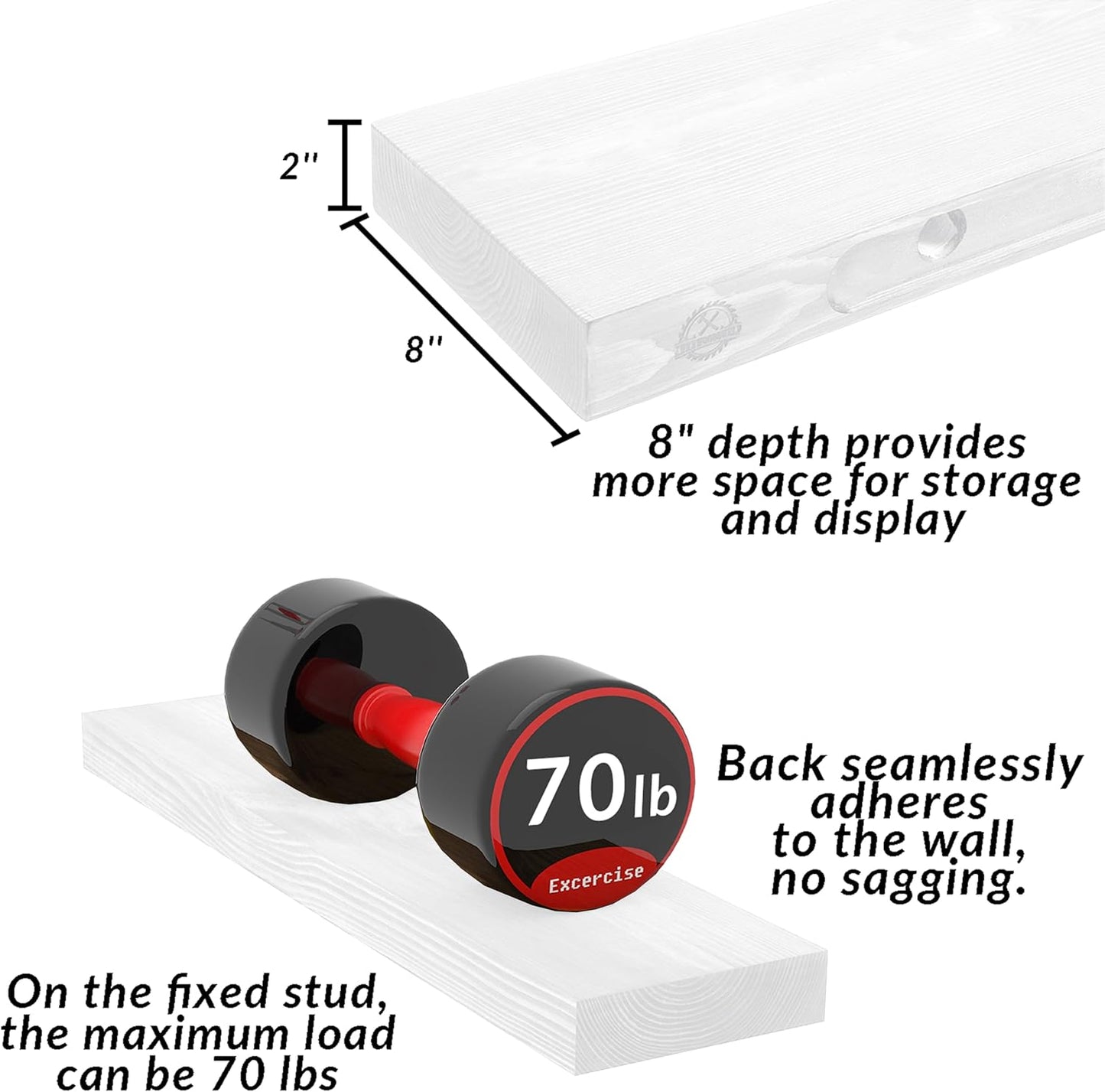 Rustic Floating Shelves 72 inch Long 8 "deep Set of 2, Heavy Duty Wood Wall Mounted Shelves for Bathroom Living Room Kitchen,Book Shelves with Thickened Hidden Bracket- White
