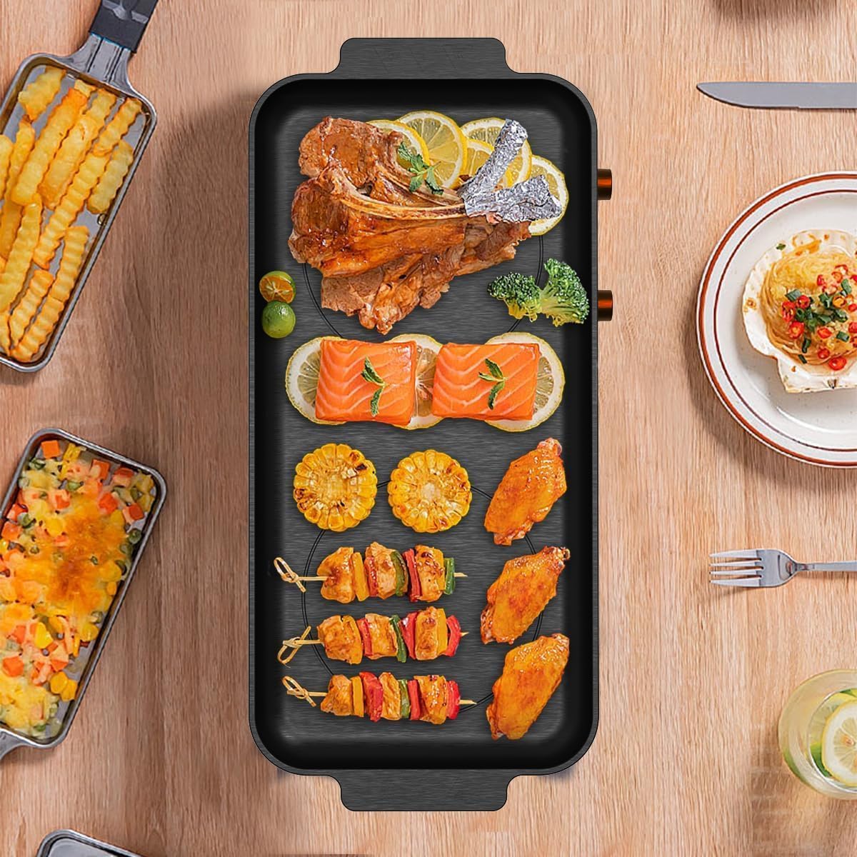 Portable Double Induction Cooktop with Removable Non-Stick Cast Iron Griddle Pan, 2 Burner Electric Stove with Timer & Digital Temperature Control, Black