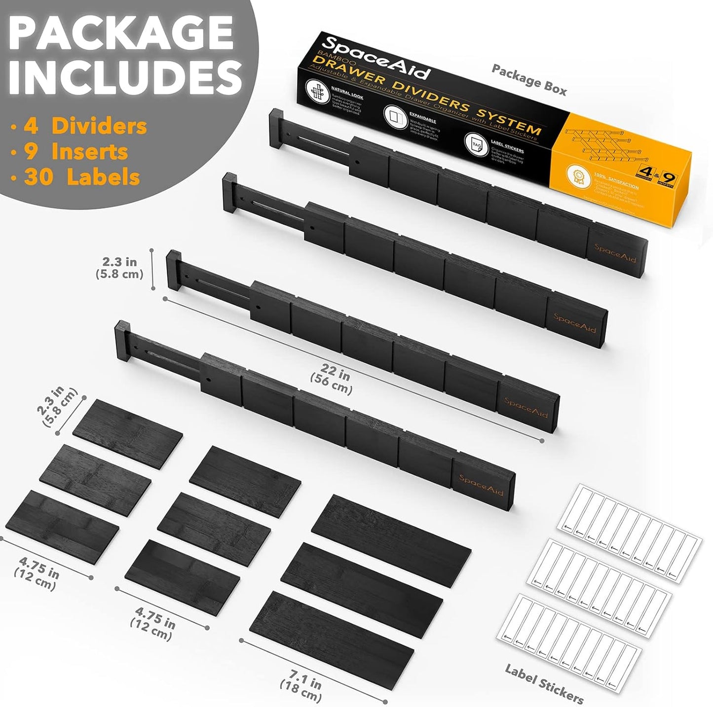 SpaceAid Bamboo Drawer Dividers with Inserts and Labels, Kitchen Adjustable Drawer Organizers, Expandable Organization for Home, Office, Dressers, 4 Dividers with 9 Inserts (17"-22" Black)