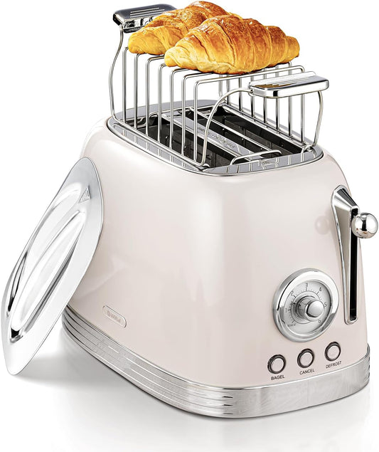 Beige Cute Retro Toaster 2 Slice with 1.58" Wide Slots, Bread toaster with Cover and Warm Rack, Stainless Steel Toaster with Removable Crumb Tray, Preheat, Defrost, Cancel Function (Cream)