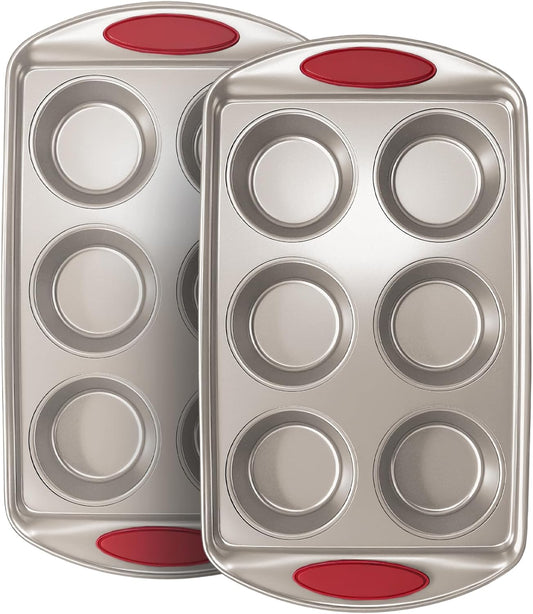 Muffin Pans 6-Cup, 2-Pack Nonstick 6 Tins Cupcake Pan with Silicone Grip Handles, Toaster Oven Baking Supplies Small Cheesecake Cup Cake Tray- Non-toxic & Dishwasher Safe