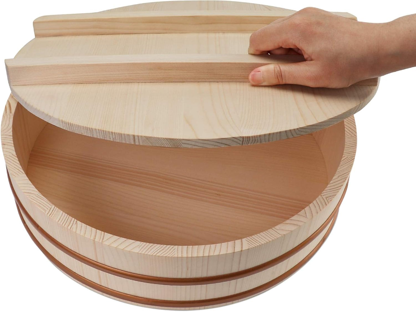 Kichgather Wooden Sushi Rice Bowl with Lid Hangiri Sushi Oke Sushi Rice Mixing Tub (10.6 “ with lid)