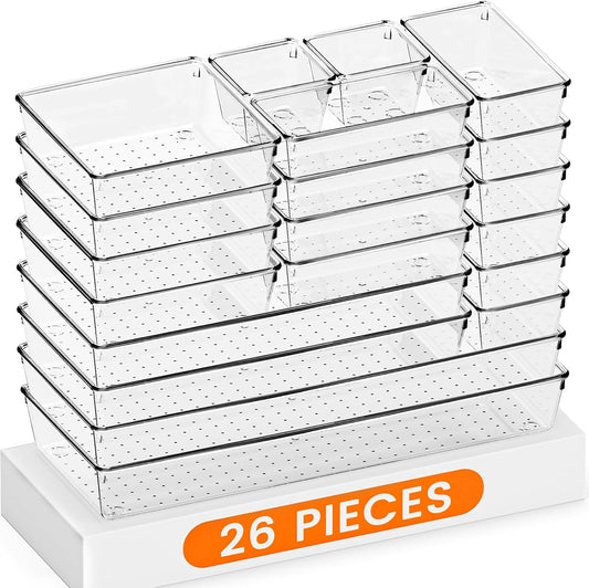 Criusia Drawer Organizer, 26 Pack Clear Plastic Drawer Organizer Bins, Versatile Organization and Storage Trays for Kitchen, Bathroom, Vanity Makeup and Office
