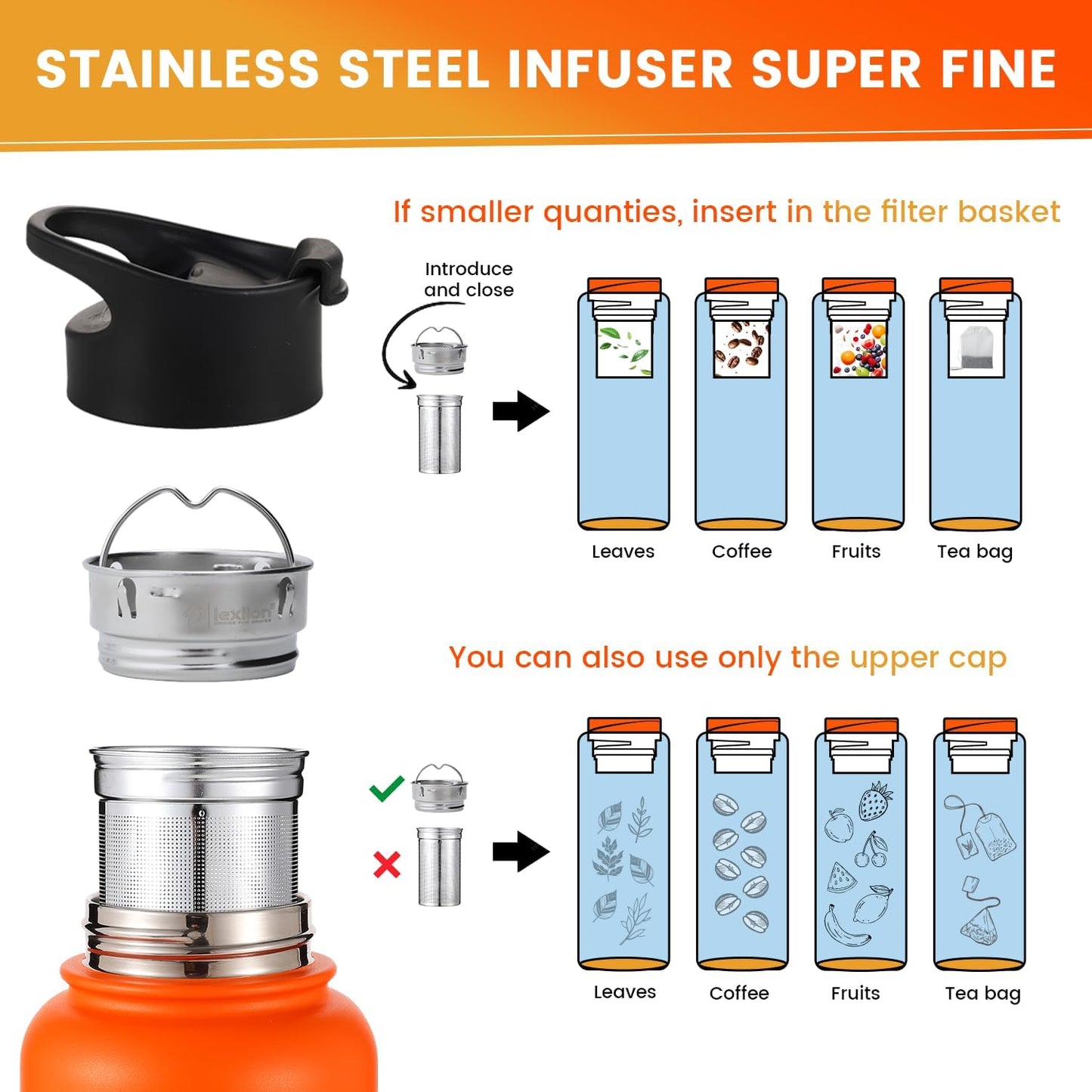 Lexlion Tea Infuser Bottle - Fruit Infusion Water Bottle 22 Oz, Triple Walled Insulated Stainless Steel Bottle, Thermal Leaf Infuser, Silicone Sleeve, 3 Lids Leakproof, Metal Mug Gallon