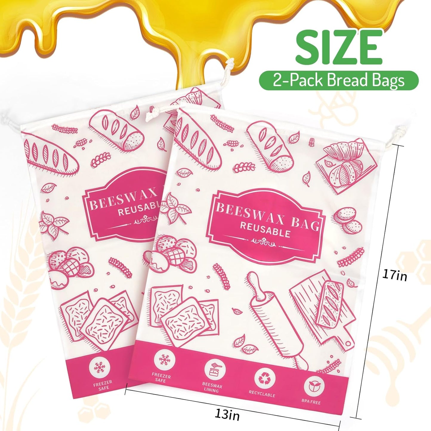 2-Pack Beeswax Bread Bags for Homemade Bread, Rose Pink Reusable Sourdough Storage Bags with Premium Beeswax Coating for Loafs Baguette Fresh Keeping,Great Homesteading Essentials and Baking Gifts.