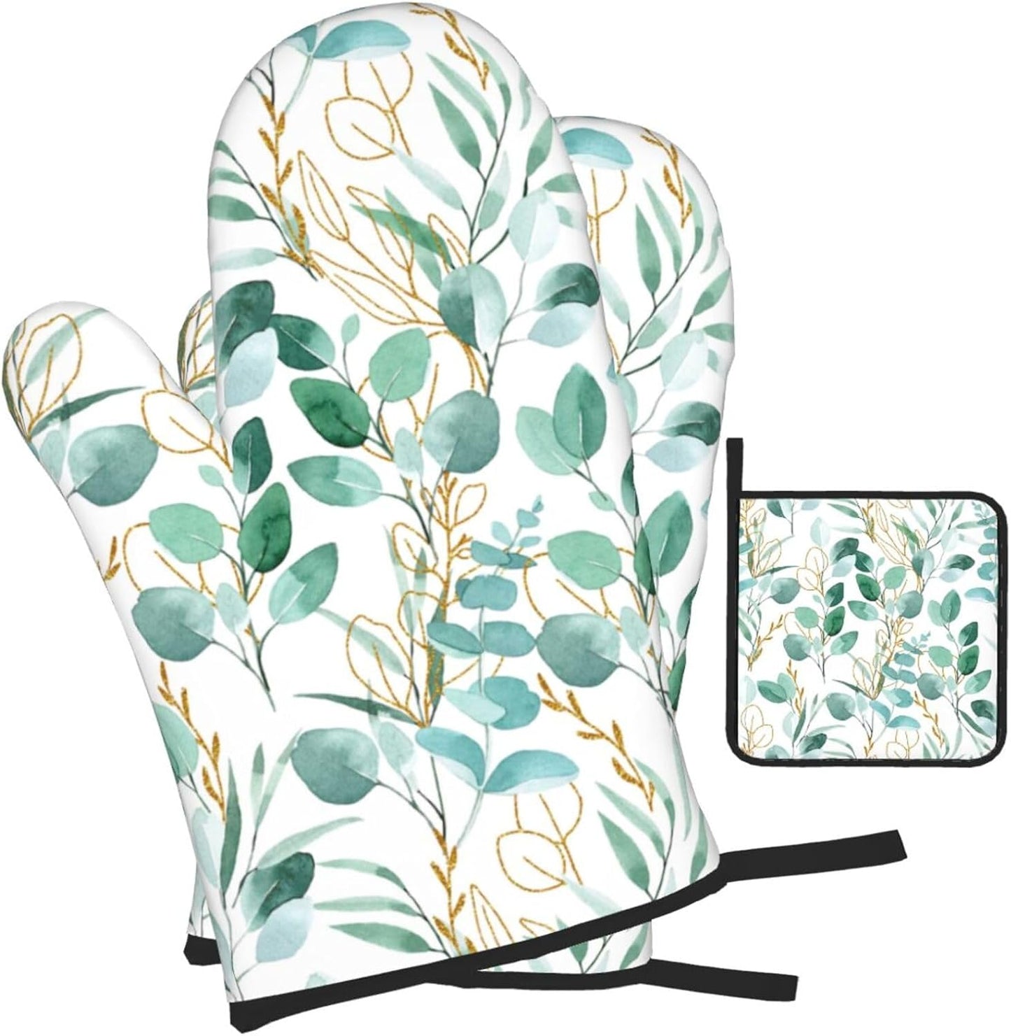 Sage Green Leaves Oven Mitts and Pot Holders Sets Heat Resistant for Kitchen BBQ Microwave Baking Grilling Cooking Set of 3 Cute Botanical Kitchen Oven Glove