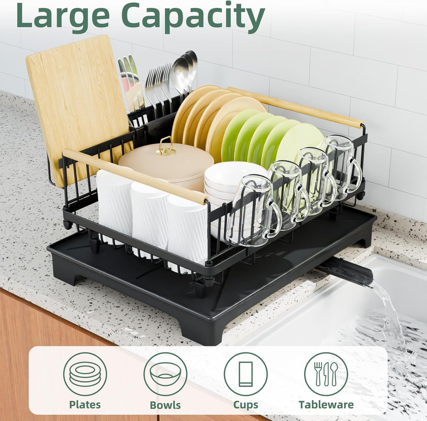 Dish Drying Rack, Drying Rack with Automatic Drainboard, Dish Racks for Kitchen Counter, Rustproof Dish Drainer with Removable Utensil Holder, Cups Holder,Black