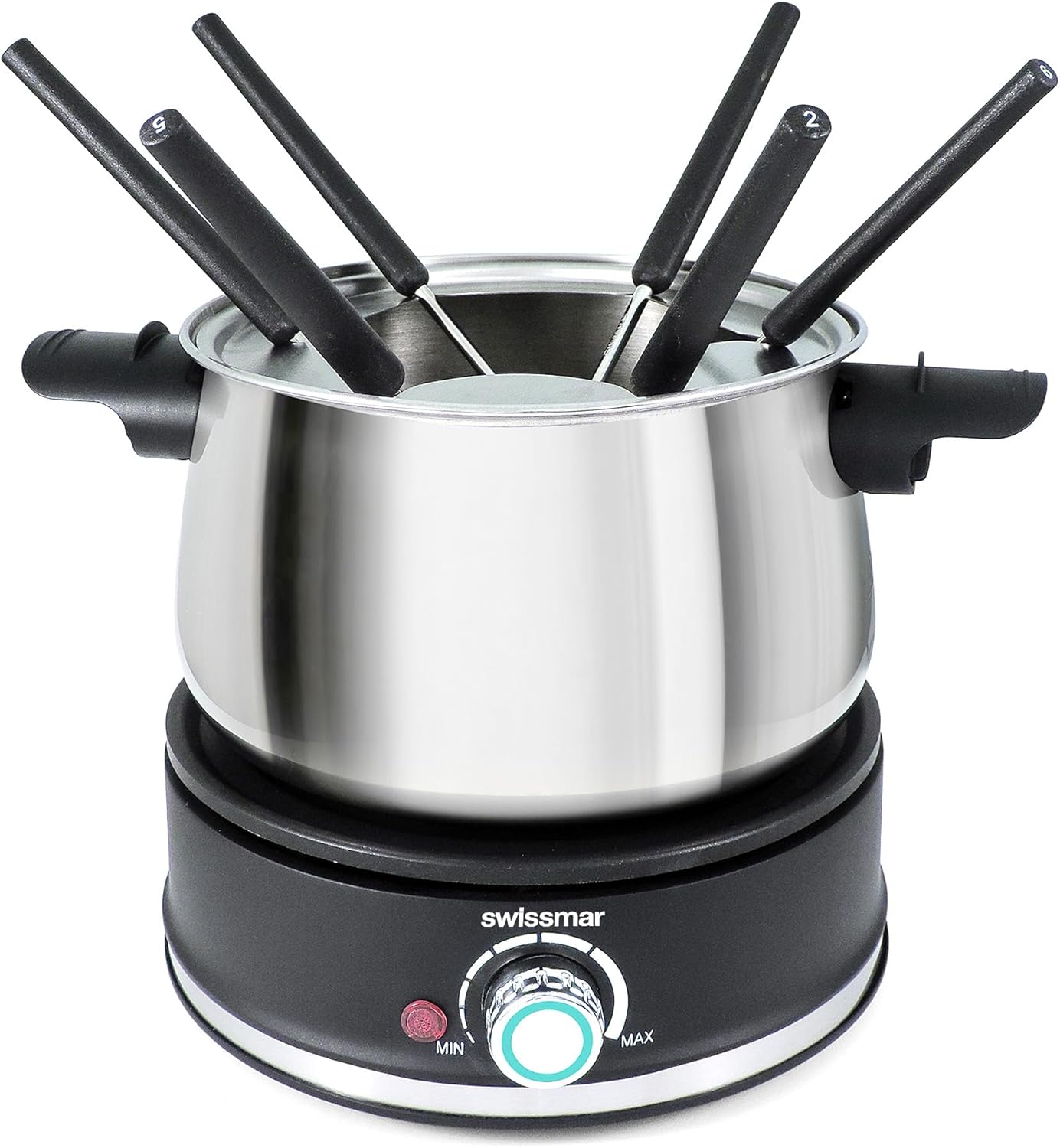 Swissmar Arolla 10 Pieces Stainless Steel Electric Fondue Set - Perfect Fondue Pot Electric Set for Cheese, Caramel, Chocolate, Oil, Broth & More - Gift Ideas for Wedding, House Warming, 2.1 Qt / 2L
