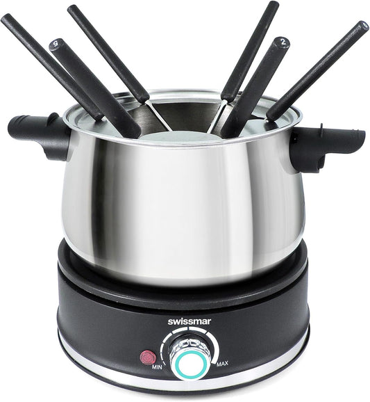 Swissmar Arolla 10 Pieces Stainless Steel Electric Fondue Set - Perfect Fondue Pot Electric Set for Cheese, Caramel, Chocolate, Oil, Broth & More - Gift Ideas for Wedding, House Warming, 2.1 Qt / 2L