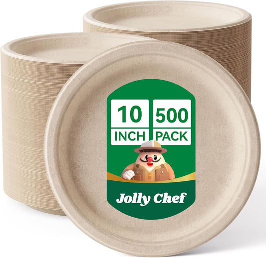 JOLLY CHEF Compostable Heavy Duty Plates 𝟭𝟬 𝗜𝗻𝗰𝗵 [𝟱𝟬𝟬 𝗣𝗮𝗰𝗸] Eco-Friendly Disposable Paper Plates Made of Bagasse Biodegradable Bulk for Party Dinner Sugarcane Fibers Round (Natural)