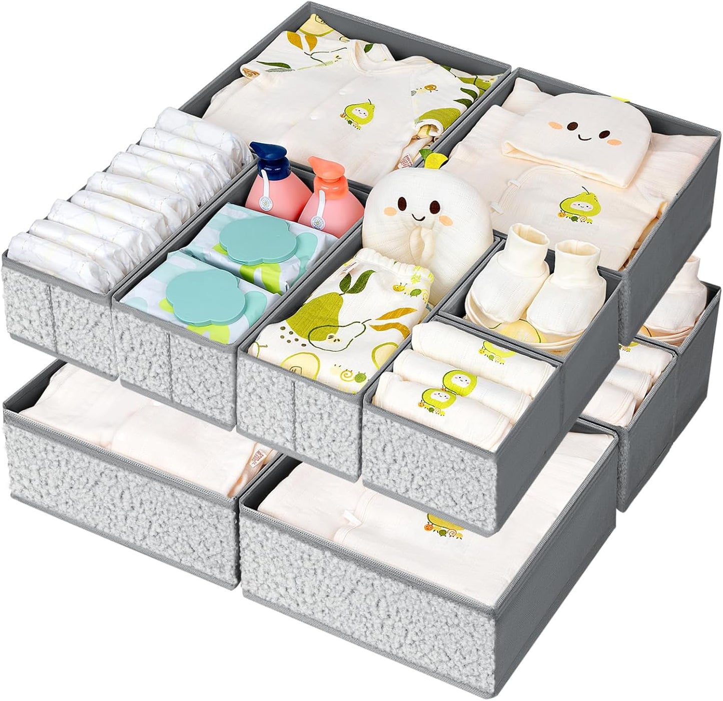 Drawer Organizer Clothes - 12 Pack Dresser Organizer for Nursery, Foldable Sock Underwear Organizer, Baby Drawer Organizer, Small Fabric Storage Bins for Dresser Drawer Closet, Grey