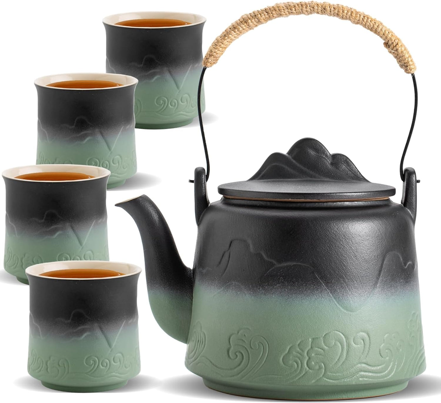 ZENS Vintage Japanese Tea Set with 4 Tea Cups, 33.8 oz Embossed Ceramic Loose Leaf Teapot with Built-in Strainers for Tea Steeper, Hemp Rope Handle Gradient Japanese Tea Pot for Tea Lovers Gifts