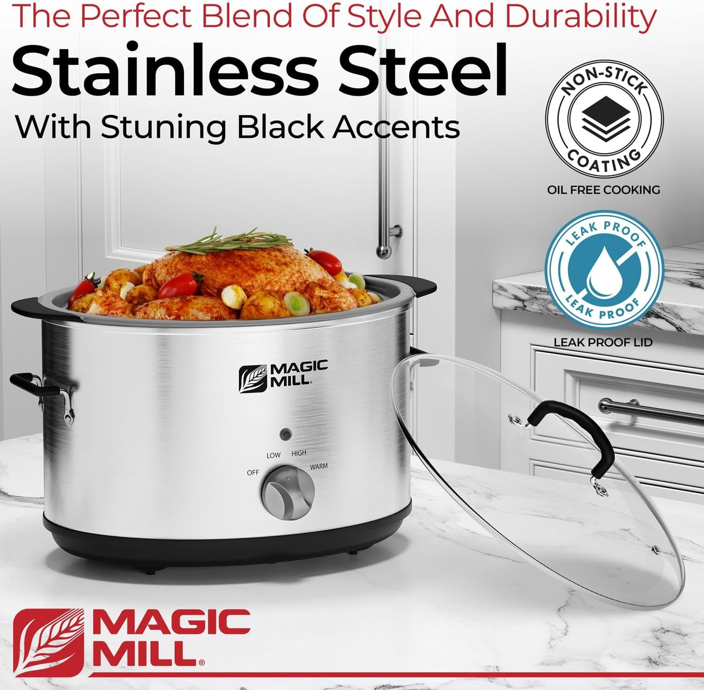 Magic Mill Slow Cooker 10 Quart | Extra Large Non-Stick Metal Searing Pot & Transparent Tempered Glass Lid Multipurpose Lightweight Slow Cookers, Pot is Safe to Put the On the Flame, Dishwasher Safe