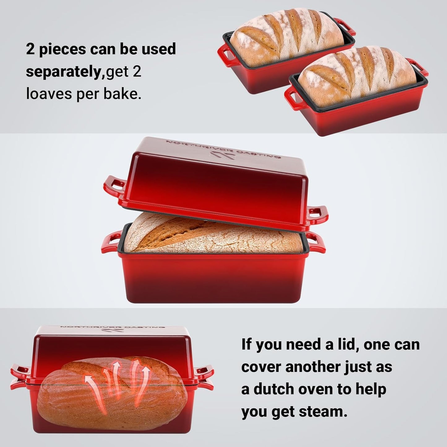 9x5 Inch Enameled Cast Iron Bread Loaf Pan with Lid, Perfect Sourdough Baking Pans | Even Heat Distribution for Homemade Bread, Cake, Meatloaf，2 Piece set，Red
