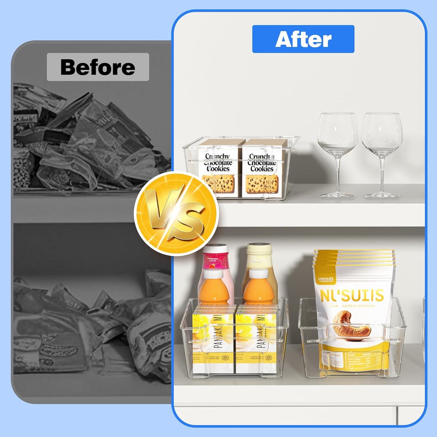 4 Pack Clear Refrigerator Storage Bins, Stackable Plastic Fridge Organizer Kitchen Pantry Storage Bins with Handles for Snacks, Freezer, Kitchen Cupboard, and Cabinet Organization