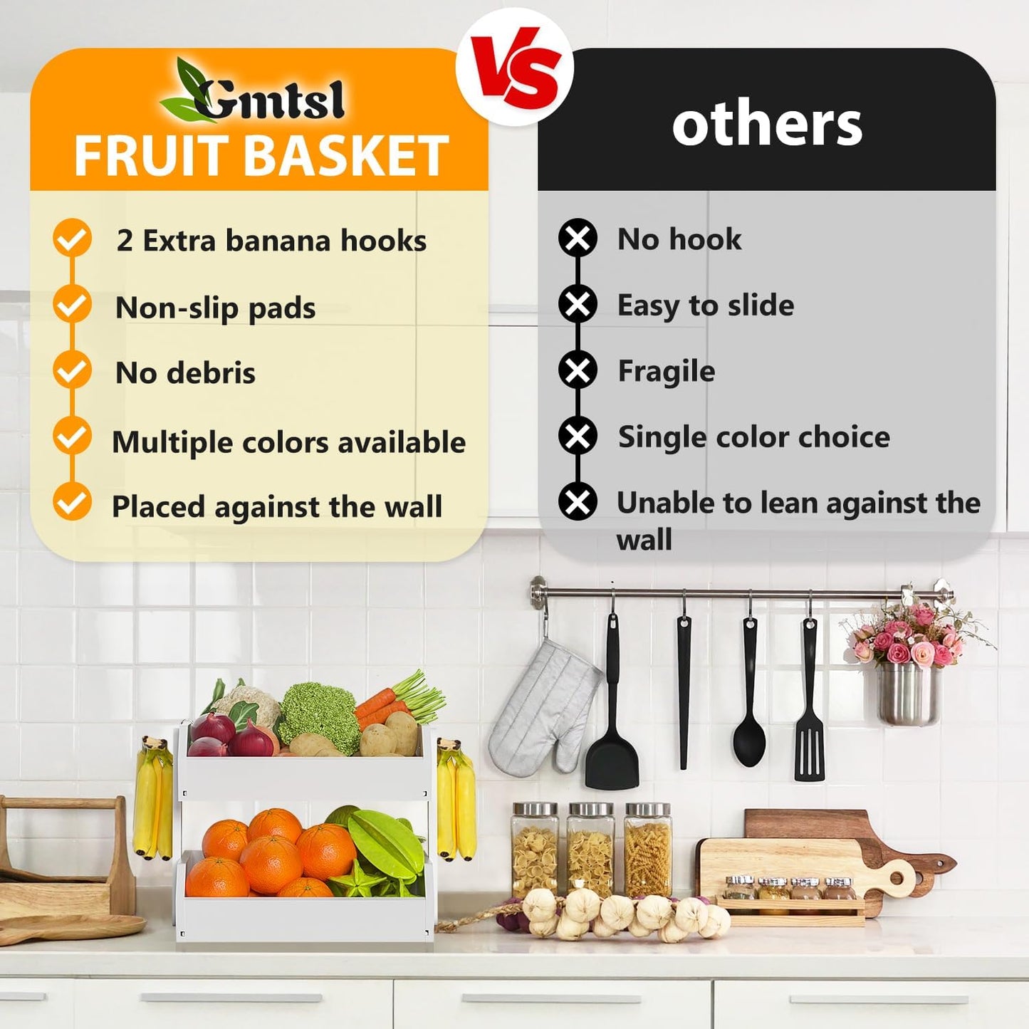 Bamboo Fruit Basket for Kitchen - 2 Tier Fruit Bowl, Large Holder With Banana Hangers, Idea For Vegetable Storage, Bread Display, Snack Organizer (White)