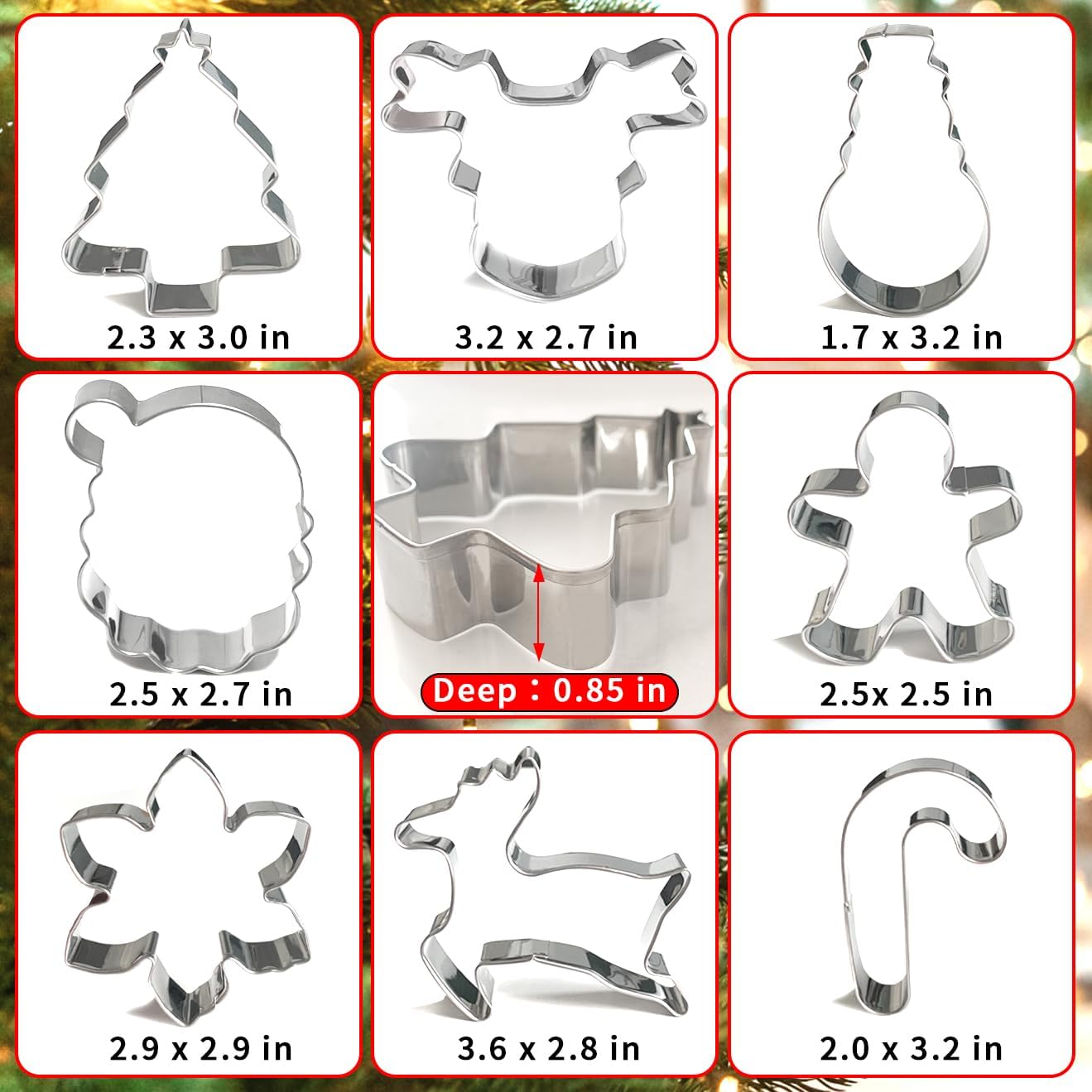 Christmas Cookie Cutters Set 8Pcs, Stainless Steel Fondant Cutter Sturdy Metal Biscuit Doubt Cutter, Cute Shapes Santa Claus Christmas Cane Tree Elk Snowflakes Snowman
