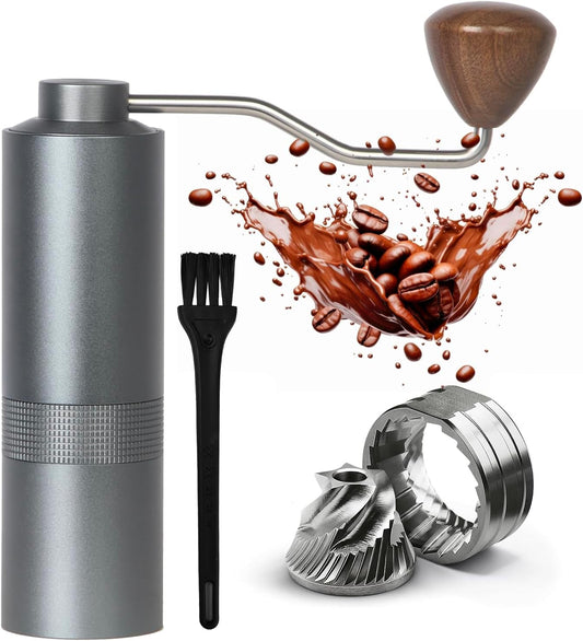 Manual Coffee Grinder - Precision CNC Stainless Steel Burr Grinder with Adjustable Settings, Grey Blue, Double Bearings for Smooth Grinding - Ideal for Home, Office, and Camping Espresso Enthusiasts