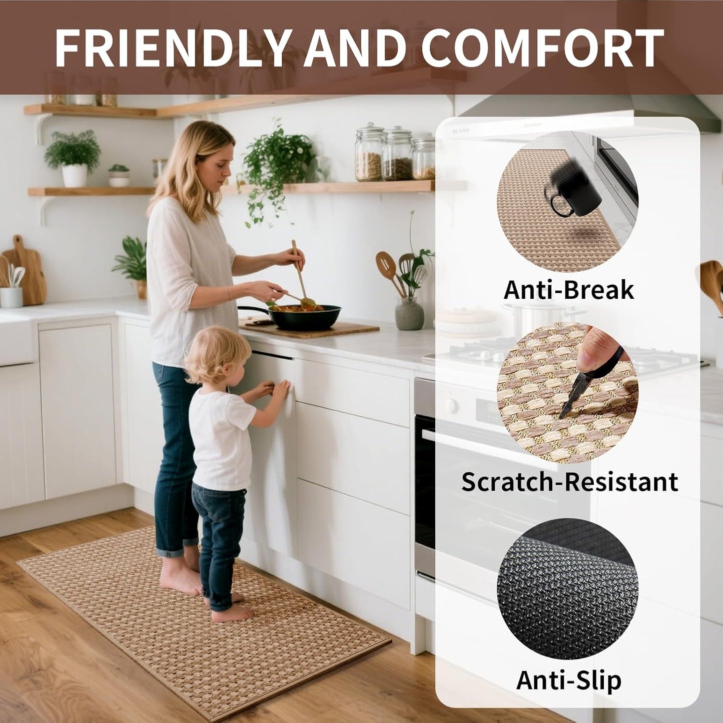 Kitchen Mat Kitchen Rugs Sets of 2 PCS Non Slip Washable, Super Absorbent Soft Braided Kitchen Mats for Floor, Rubber Backing Comfort Standing Kitchen Sink Mat Runner Rug, Brown 17"x28"+17"x47"