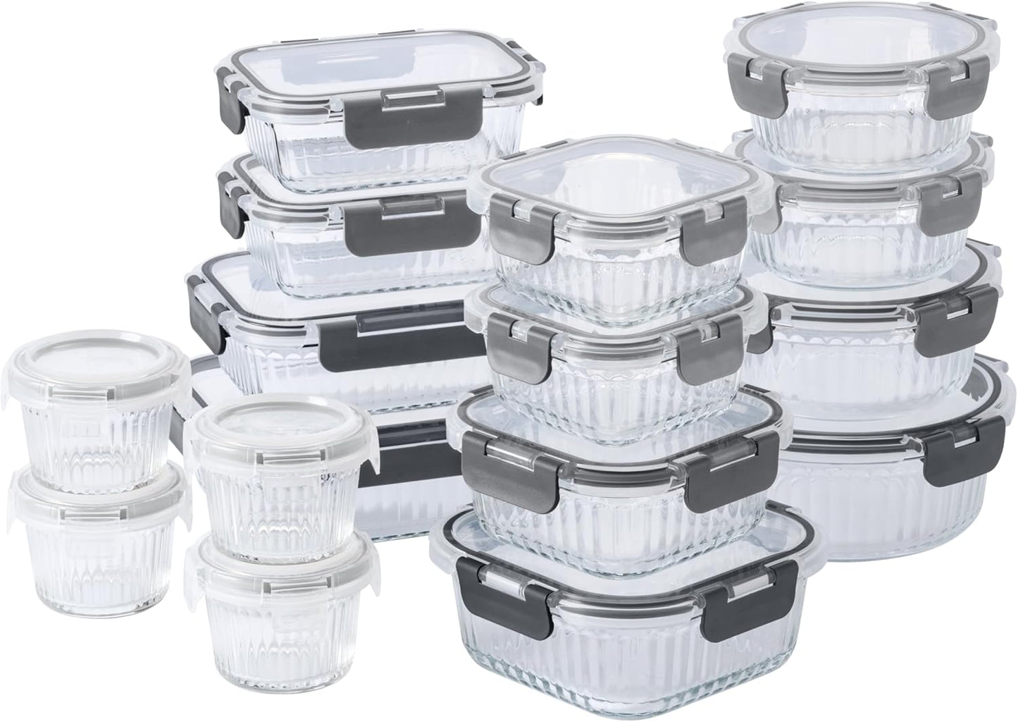 COOK WITH COLOR Premium 32-Pc. Borosilicate Glass Food Container Set with Dividers - 4 Rectangles, 8 Rounds, 4 Squares - Leakproof Lids - Meal Prep, Storage, Fluted Ombre Grey