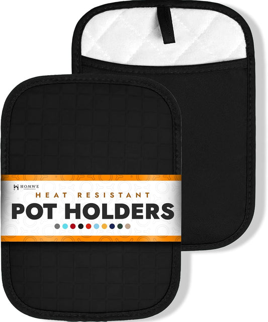 Silicone Kitchen Pot Holders with Pockets, 2 Pc Set Trivet, Steam and Heat Resistant Hand and Countertop Protection Hot Pads, Non-Slip Grip potholders, Terrycloth Interior Lining, Black