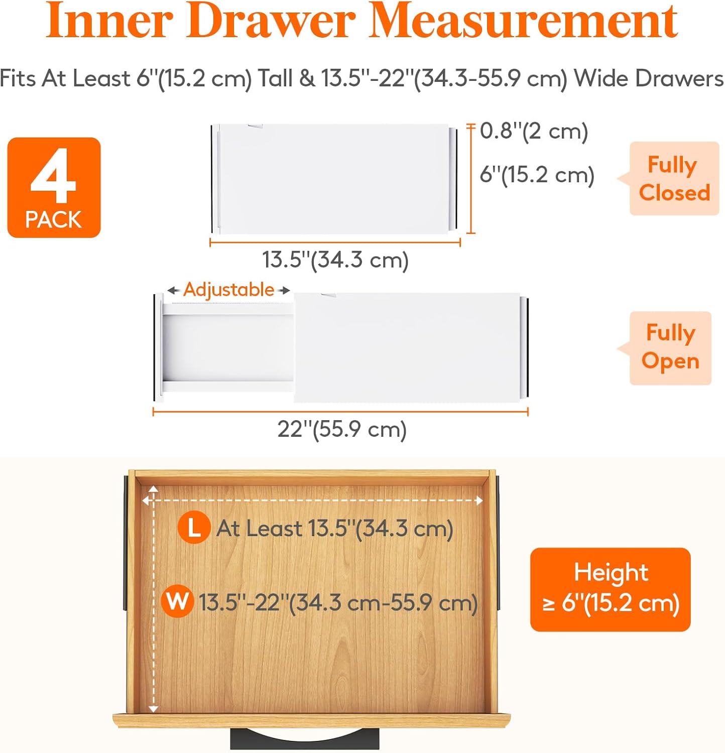 Lifewit 4 Pack Drawer Dividers Plastic 6" High, 13.5-22" Adjustable Drawer Organizers for Clothes, Expandable Dresser Separators in Bedroom/Bathroom/Kitchen/Fridge/Office Organization and Storage