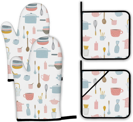 Pink Kitchen Utensil Oven Mitts and Pot Holders Set,Kitchen Decor Heat Resistant Non Slip Hot Pads and Oven Mitt for Chef Cooking Baking BBQ Mom Girl Gifts(4 Piece Set)