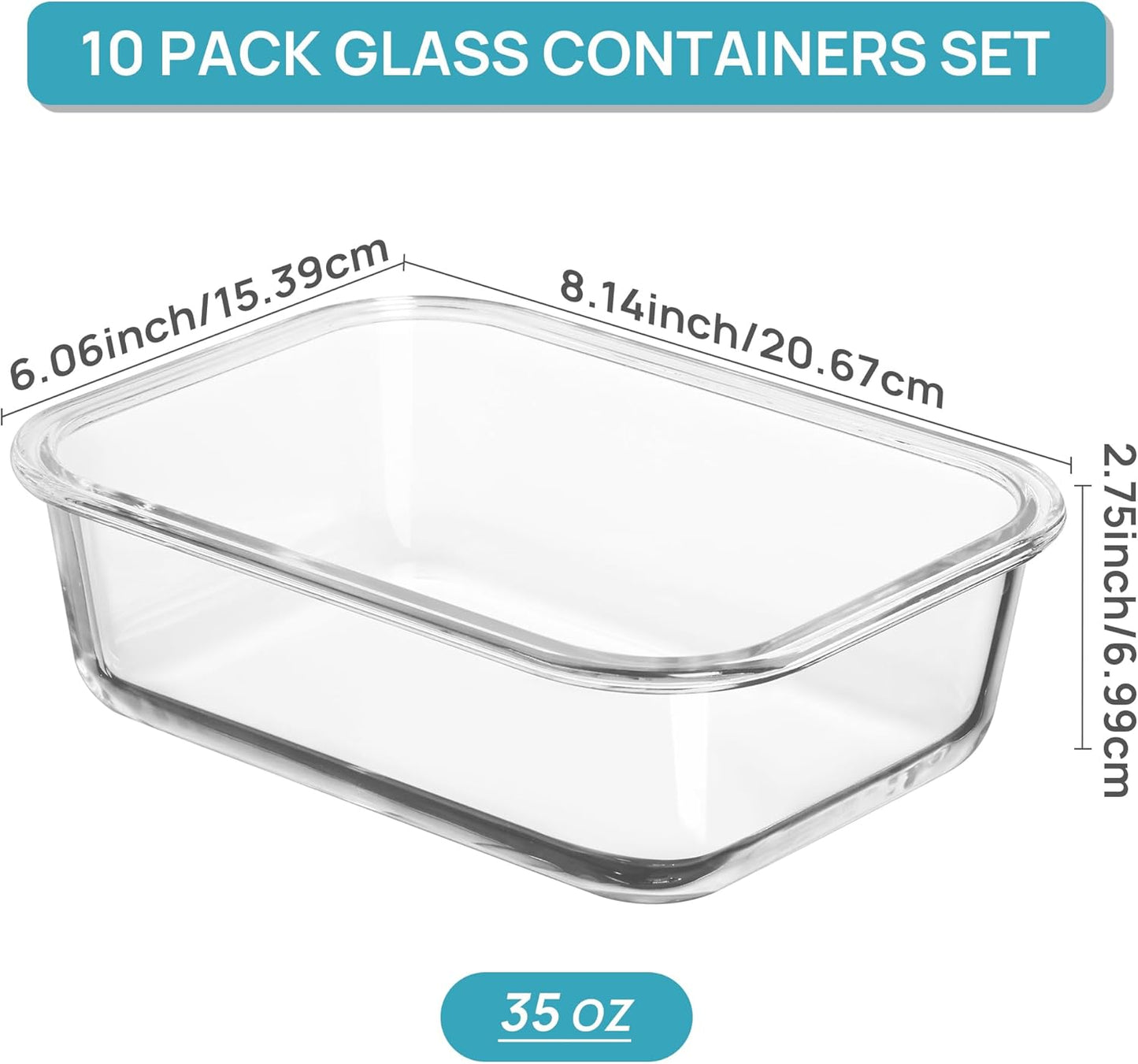 Vtopmart Glass Storage Containers with Lids, Meal Prep Food Container Sets, Lunch Box with Snap Airtight Lid for Microwave, Oven, Freezer and Dishwasher (10pack 35oz)
