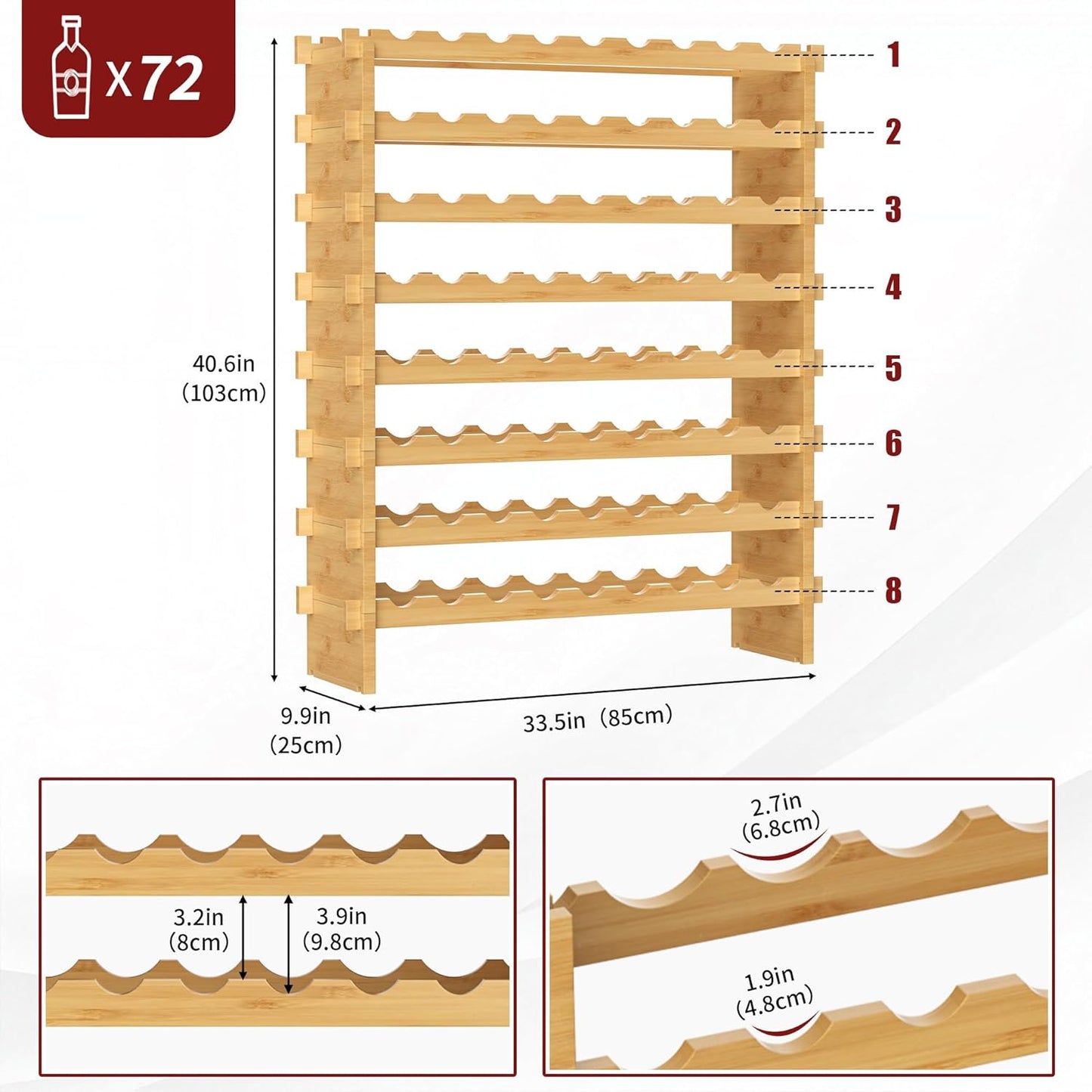 VASMIA Bamboo Stackable Wine Rack,72 Bottles Wine Rack Freestanding Floor,No Tools Assembly,8-Tier Display Wine Storage Shelf for Kitchen, Bar, Dining Room,Cellar,Natural