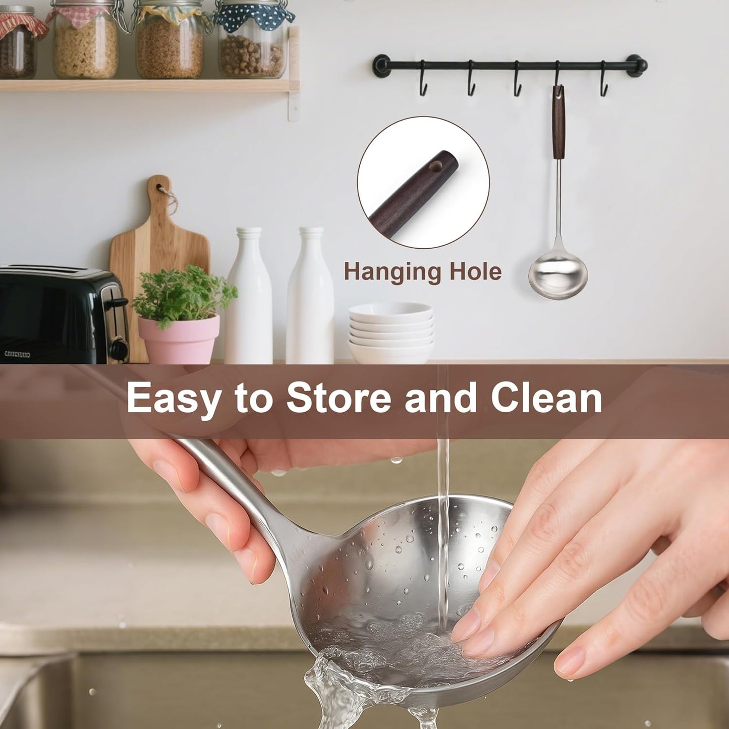 FJNATINH Soup Ladle, Stainless Steel Ladle with Heat Resistant Wooden Handle, Food Grade Metal Cooking Soup Spoon Kitchen Tools, Easy to Clean