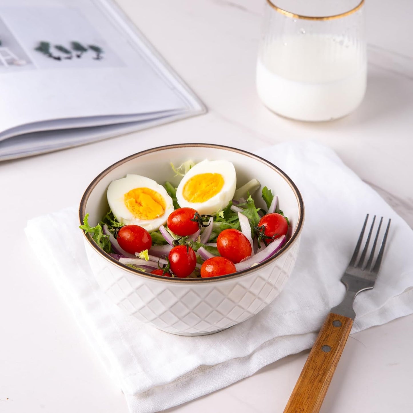 GBHOME Stoneware Cereal Bowls Set of 4, 24 oz Ceramic Soup Bowls with Texture Patterns for Soup,Oatmeal, Snacks, Perfect Bowls for Wedding, House-warming Gift-Off White