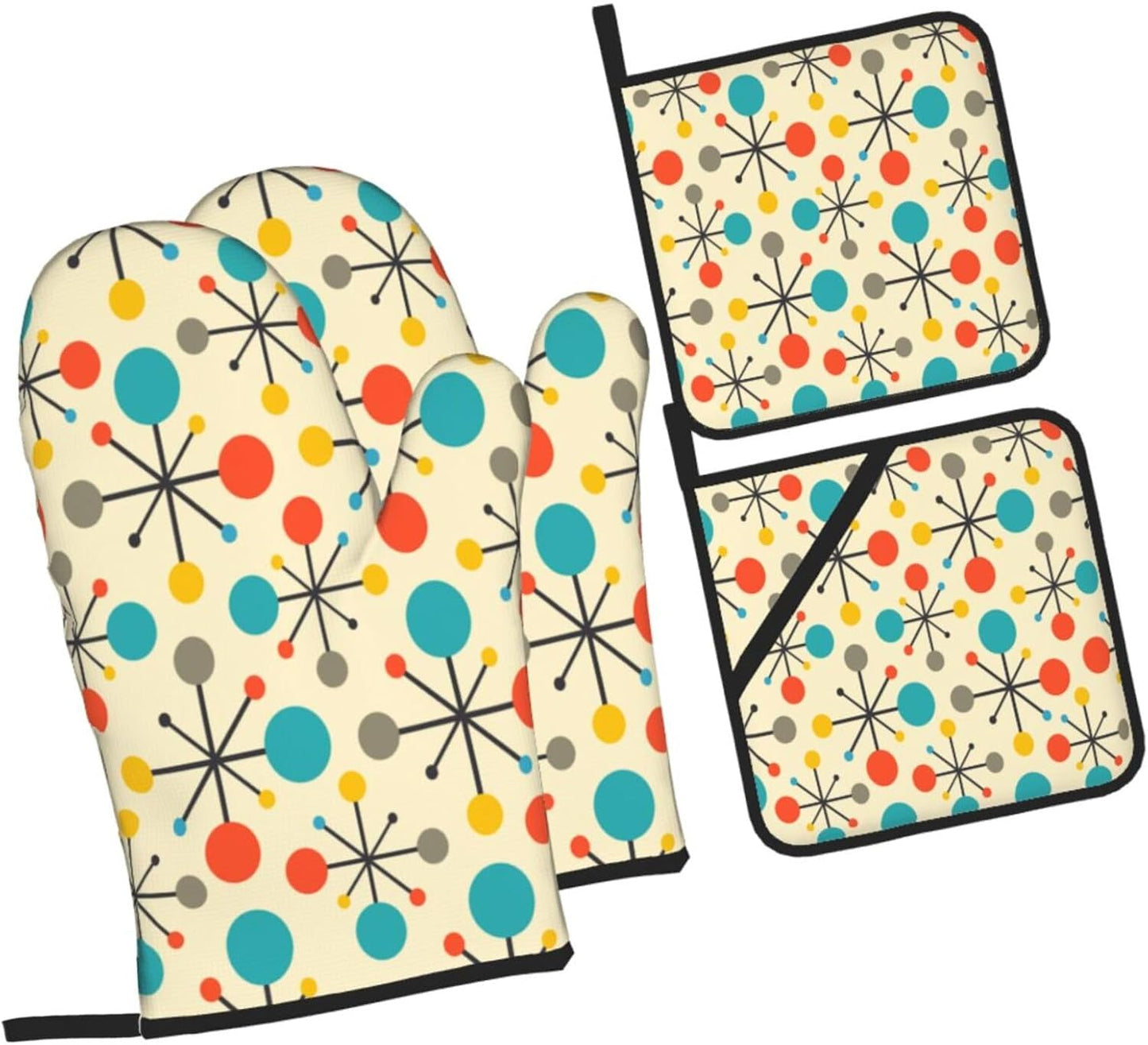 Mid Century Fifties Modern Atomic Retro Colors Oven Mitts and Pot Holders Sets of 4 High Heat Resistant Oven Mitts with Oven Gloves and Hot Pads Polyester Potholders for Kitchen Cooking Mitts