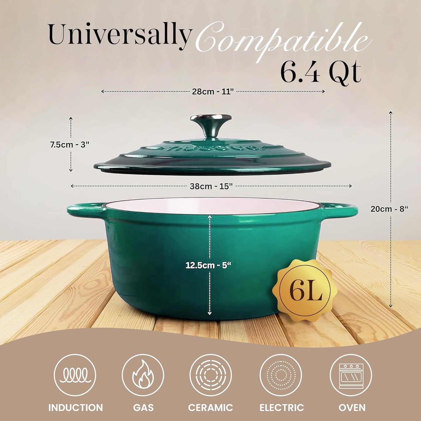 Nuovva Enamelled Cast Iron Dutch Oven Pot with Lid – 6.4 Quart Non Stick Casserole Pot – Heavy Duty & Oven Safe up to 500° F for Bread Baking, Braising, Stews, Roasting – 28cm Dark Green