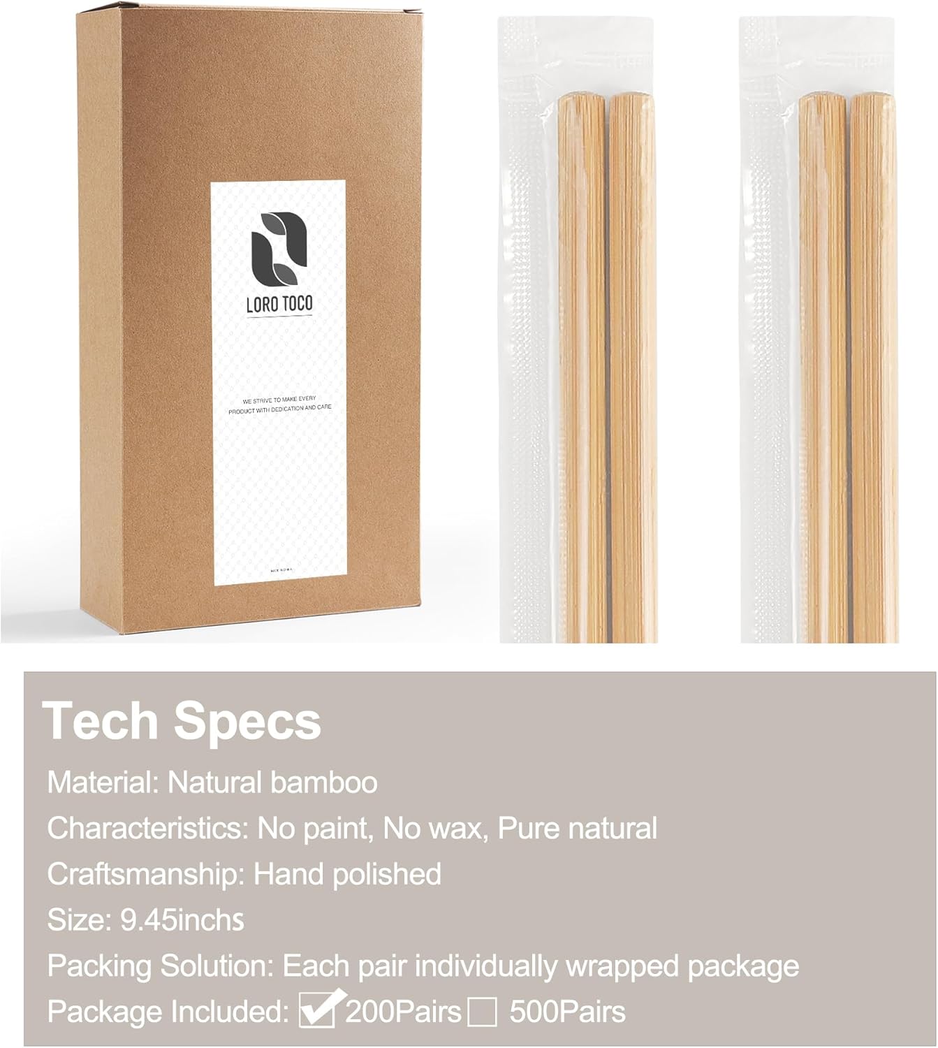 200Pairs Bamboo Chopsticks Disposable | Individually Wrapped | Bulk | Separated | Round | Premium Quality-（9.45in)