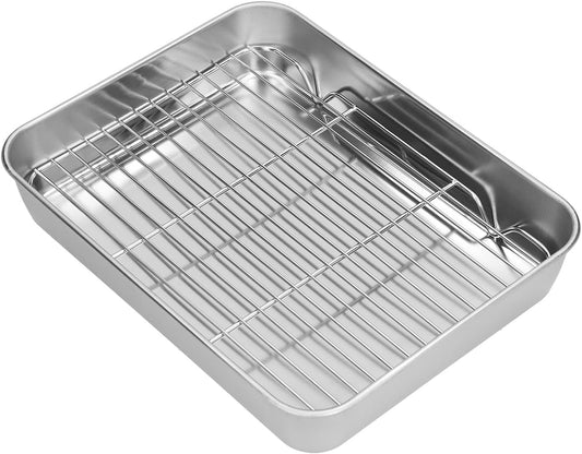 Roasting Pan and Rack Set, Stainless Steel Roasting Pan, Rectangular Roaster, Nonstick Steel Roaster for Cooking and Baking (9.3 × 6.9 × 2in)