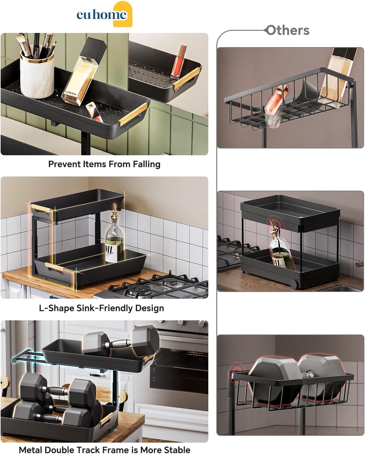 Under Sink Organizer, 2 Tier Adjustable Height Under Sink Organizers and Storage, L-Shaped Slide Out Pull Out Cabinet Organizers for Bathroom Kitchen Pantry (2 Pack, Black)