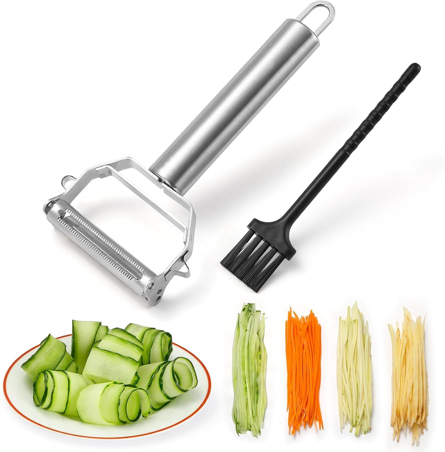 Stainless Steel Peeler Julienne Cutter Slicer for Carrot Potato Melon Vegetable and Fruit with Cleaning Brush