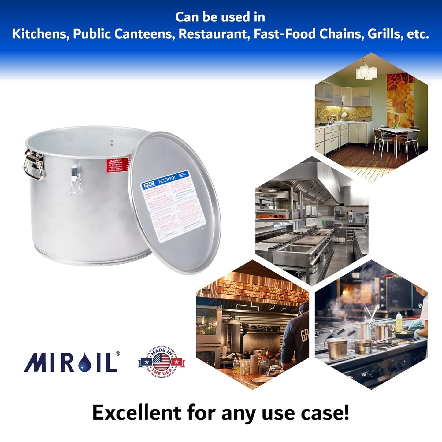 MirOil 5 Gallon Oil Grease Bucket & Filter Pot, USA Made Deep Fryer Grease Bucket Pot with Lid Lock & Lock Clip, 35Lb. Low Profile Container To Fit Under Drain Valves, Filtering Hot Cooking Oil - 40L