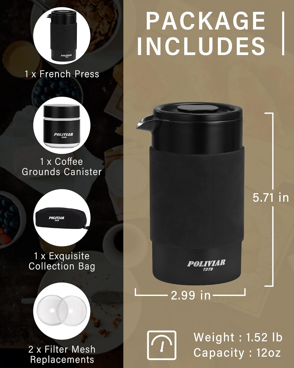 POLIVIAR French Press Coffee Maker, 12 oz Portable French Press with Mini Canister and Collection Bag, Double Wall Insulation & Dual- Filter Screen, Food Grade Stainless Steel for Coffee