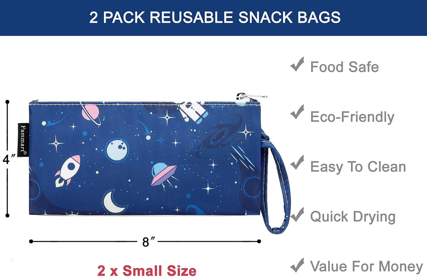 Reusable Sandwich Bag/Snack Bag for Kids & Adults, Dual Layer Lunch Bag with Handle, Washable, Food Safe, BPA Free (2-Pack, Astronaut)