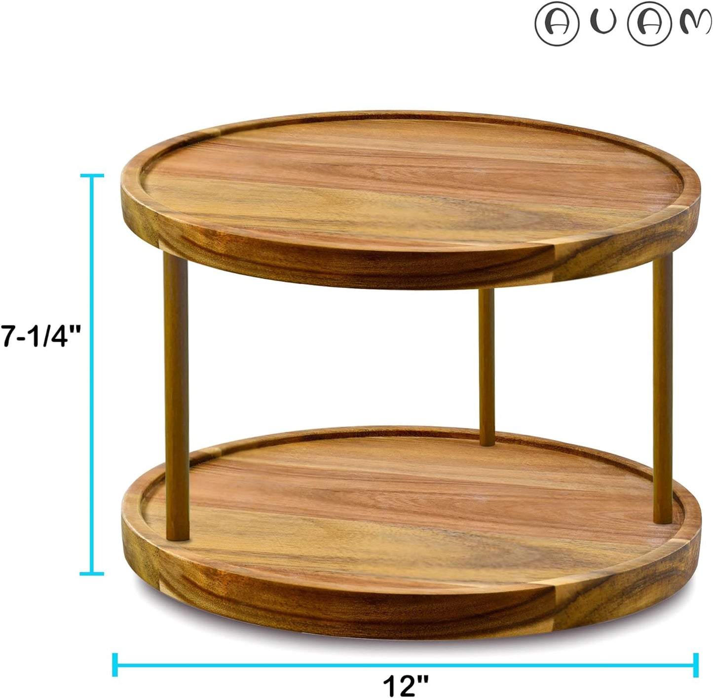 12" Two-Tier Acacia Wood Lazy Susan Organizer Kitchen Turntable for Cabinet Pantry Table Organization