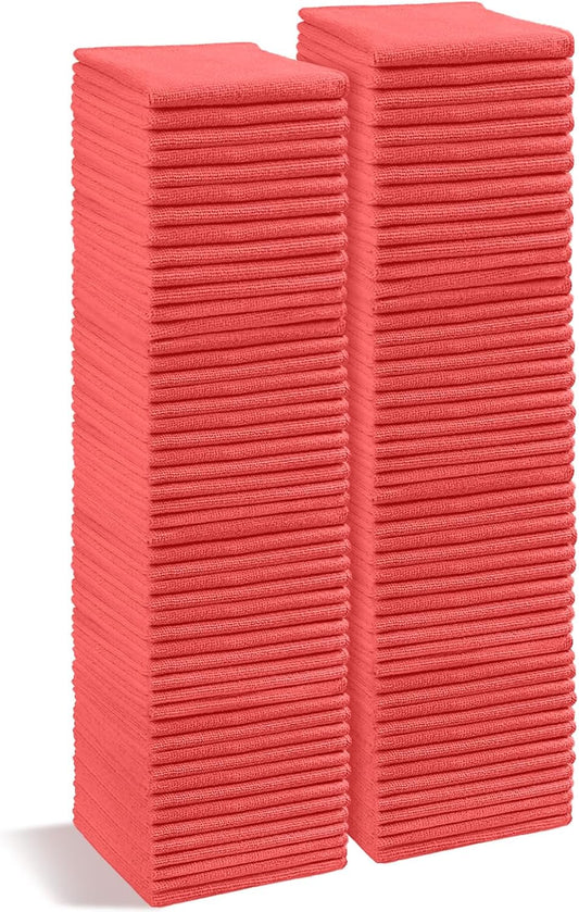 HOMEXCEL Red Microfiber Cleaning Cloth, 100 Pack Cleaning Towels for Kitchen, Lint Free, Scratch-Free, Highly Absorbent, and Reusable Cleaning Rags for House, Window and Glass, Cars, 11.5 X11.5 inch