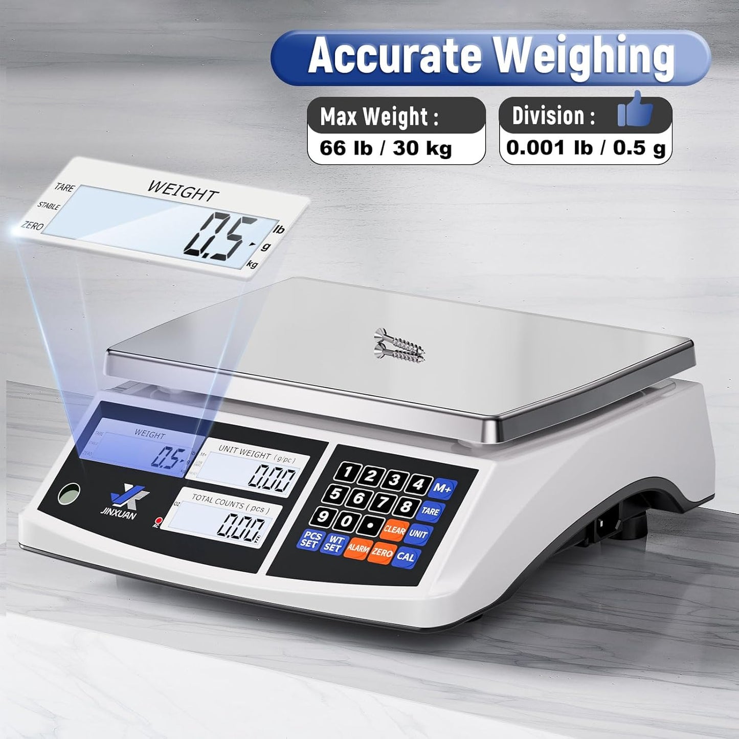 Industrial Counting Scale Digital Inventory Scale for Small Parts Coins Jewelry Piece, 66lb/30kg Electronic Bench Scale Gram Scale with Battery AC Power Backlight LCD Display, lb/g/kg/oz, 0.001lb/0.5g