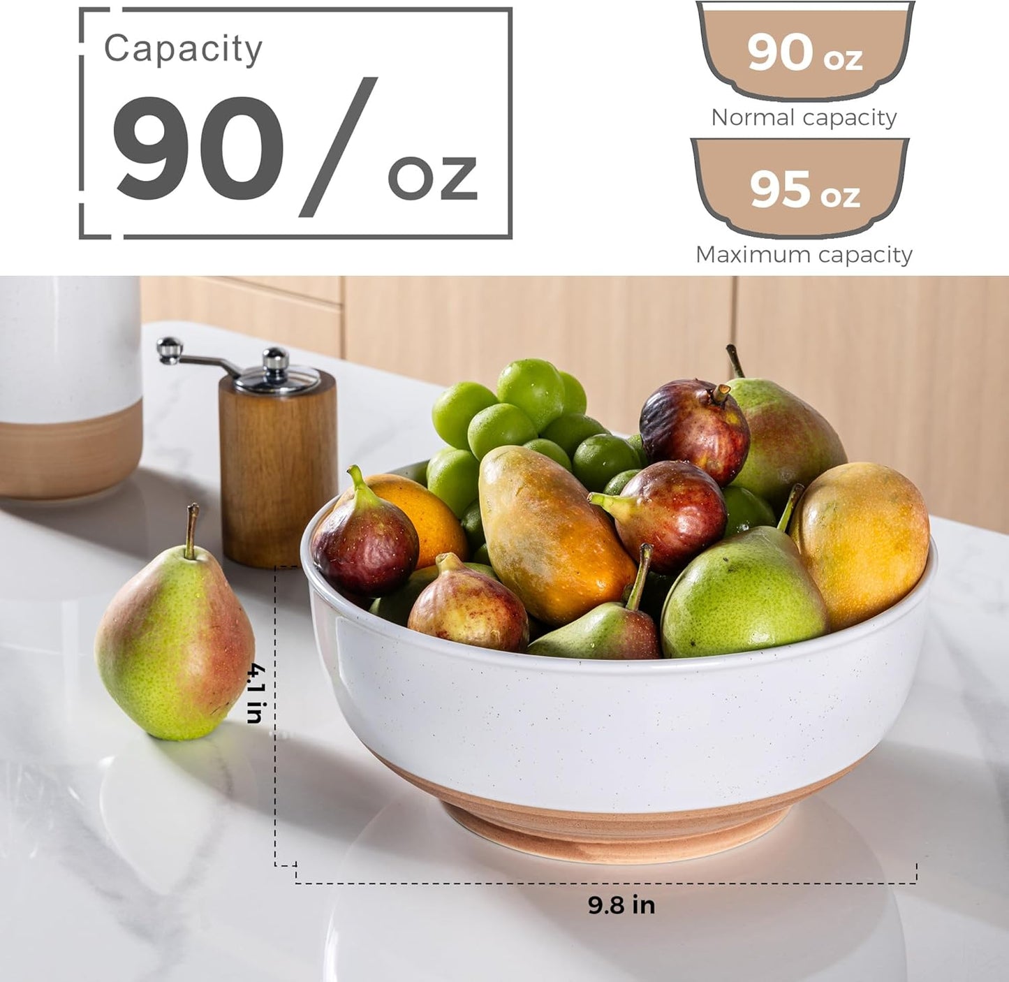 AmorArc 9.8’’ Ceramic Serving Bowls, 95 OZ Extra Large Salad Bowls Set of 2, Stoneware Oversized Bowls with Rustic Terracotta Underside for Salad, Soup and Dinner. Large Bowls for Entertaining&Gift