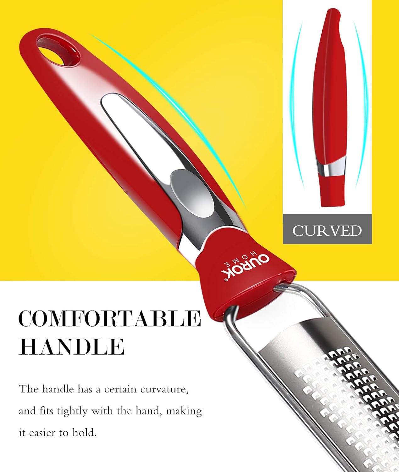 Ourokhome Kitchen Lemon Zester, Stainless Steel Hand Held Parmesan Cheese Grater for Ginger, Chocolate, Coconut, Lime, Nutmeg, Citrus, Fruit, Vegetable with Cleaning Brush, Dishwasher safe, Red