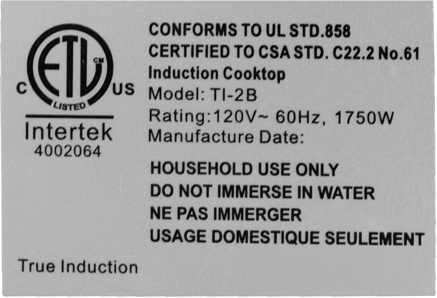 TI-2B 23 inch Built-In Dual Burner Induction Glass-Ceramic Cooktop, 1750W, UL858 Certified