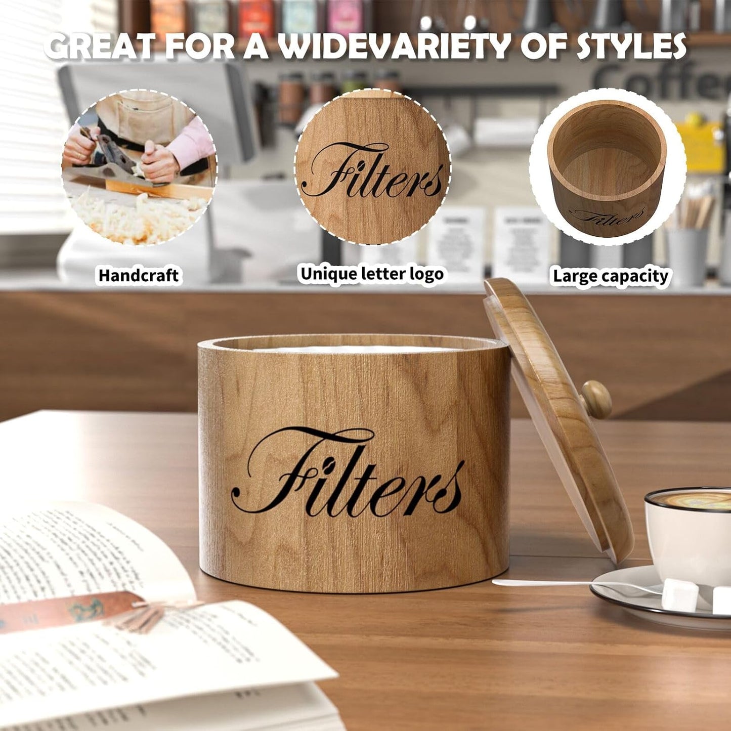 Coffee Filter Holder, Wooden Coffee Filter Storage with Lid, Round Coffee Filter Container for Counter, Rustic Coffee Bar Accessories Holder Decor (Natural)