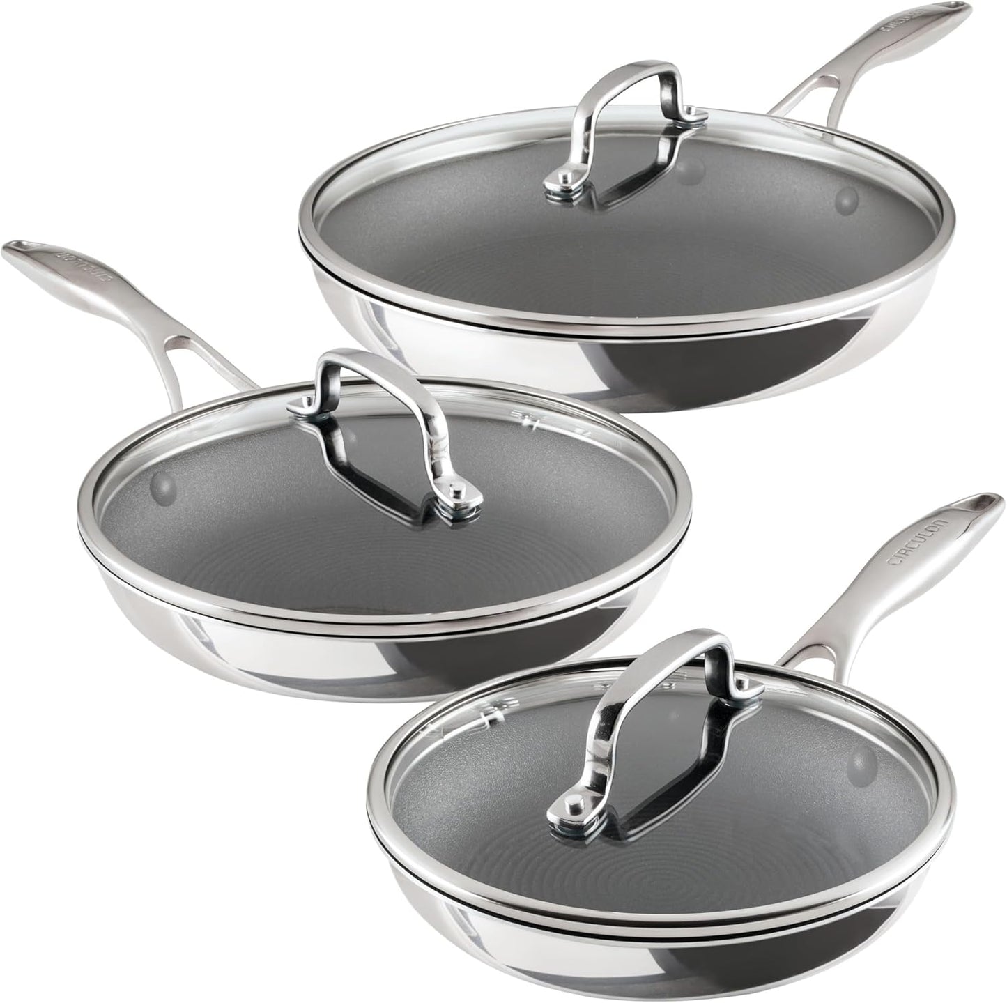 Circulon C1 Series Clad Stainless Steel with ScratchDefense Technology Cookware Nonstick Induction Frying Pans/Skillets with Lids, Metal Utensil Safe, 6 Piece Set - Polished Stainless Steel